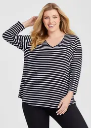 [Taking Shape] Taking Shape Natural Stripe 3 / 4 Sleeve T-shirt Size 26 in Black / White, Viscose - Plus Size Women's Basics Black / White