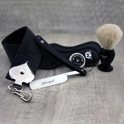 Men Shaving Kit Set With Shaving Brush White Hair, Straight Razor, Strop & Paste