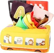 Baby Tissue Box Toy Soft Cute Cartoon Magic Tissue Box Preschool Children Sensory Development Toy with 3 Crinkle Tissues 8 Colorful Scarves for Christmas Gift Baby Boy & Girl (Yellow Bus)