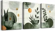 TTHYUEWS Boho Wall Art For Bedroom Canvas Wall Decor For Living Room Office Abstract Decorations Plant Wall Paintings Geometry Wall Pictures Artwork Modern Bathroom Home Decor Ready To Hang 3 Piece