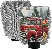 XYMZR Christmas Old Truck Red Absorbent Microfiber Car Wash Mitt, Funny Cute Anime Scratch Free for Cars Cleaning, Home Cleaning Mitts, 2 Pack, 10.24” L x 7.09” W