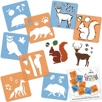 8 pcs Drawing Stencils for Kids 15x15 FOREST ANIMALS Reusable Washable Plastic