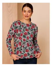 [Regatta] Long Sleeve Soft Touch Tee With Side Splits in Red Wallpaper Rose Print On Greymarle