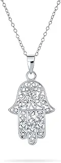 [Bling Jewelry] Personalize Yogi Cubic Zirconia Blue CZ Amulet Talisman Hamsa Hand Of God Pendant Necklace Dangle Earring For Women Teen Jewelry Set Black Oxidized .925 Sterling Silver Customizable
