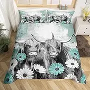 Highland Cow Bedding Set Twin for Boys Girls Kids Western Farmhouse Duvet Cover,Cattle Longhorn Wildlife Comforter Cover, Rustic Flowers Room Decor, Teal Ombre Bed Sets Vintage Cowboys Gifts