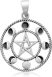 [SilverMania925] 925 Sterling Silver Lunar Cycle 8 Moon Phases Pentagram Wiccan Pendant, Metal, granite