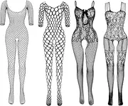 [QSCFKL] 4 Packs Women Fishnet Bodysuits, Crotchless Bodysuit Sexy Tights Soft Nightwear Lingerie for Couple Dating, Black