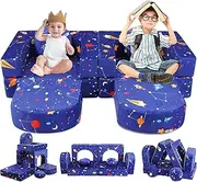YHUAIMANG Kids Play Couch, 8 Pcs Modular Kids Sofa, Blue, Foam-Filled Cushions, Modern, Convertible, Sectional, 55.9" L x 24.4" W x 13.38" H