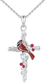 Cardinal Cross Necklace Women Gift 925 Sterling Silver Red Bird Memorial Pendant