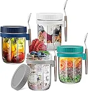 Overnight Oats Container Jars, 12 oz Glass Airtight Yogurt Oatmeal Jars Set of 4, Overnight Oats Containers with Lids and Spoons, Large Capacity Portable Breakfast Jars Set with Measurement Marks