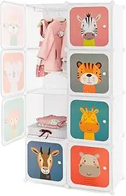 [HONEY JOY] Kids Wardrobe Closet, Baby Cartoon Clothes Storage Organizer, 8 Cubes & 2 Hanging Sections, Portable Children DIY Modular Bedroom Armoire Dresser Cabinet for Boys Girls (8-Cube)