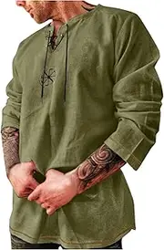 2025 Linen Shirt for Men Lace-Up V Neck Pirate Shirts Medieval Renaissance Long Sleeve Casual Tees Shirt Tops, A02-army Green, X-Large, A02-army Green, X-Large
