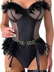 [JINZIJINYU] Sexy Bodysuit Crotchless Sexy Women Hollow See Through Feather One Piece Underwear Set Tights