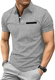 [VgueElegc] Men's Trendy Lapel Buttons Shirt Cotton Muscle T-Shirt with Button Relaxed Short Sleeve T-Shirts for Men, Light Gray, Medium