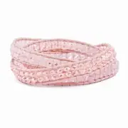 Pink Leather Rose Quartz Beaded Multi Wrap Brass Button Bracelet BF2092