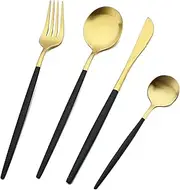 BRIIEC Matte Silverware Set, 24-Piece Satin Finish Stainless Steel Modern Flatware Set Service for 6, Flat Handle Cutlery Set for Home Wedding Gift-Black Handle Gold