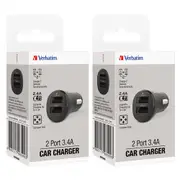 2PK Verbatim 3.4A Dual USB Universal Car Charger For iPhone 14/Samsung S22 BLK