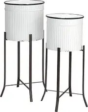 Creative Co-op Round Corrugated Metal Planters on Stands, White and Black, Set of 2