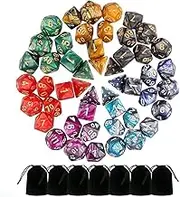 49 Pieces DND Dice Set, Polyester D&D Dice and Role Play for Dungeons & Dragons with 7 Pockets, 7 Sets of RPG DND MTG D4 / D6 / D8 / D10 (0-9 and 00-90) / D12 / D20