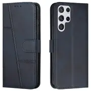 Pu Leather Stand Feature Stitching Phone Wallet Cover Case With Strap For Samsung Galaxy S22 Ultra 5g - Black