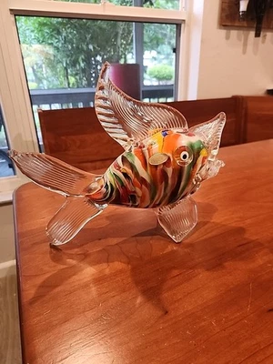 Vintage Murano Art Glass Gold Fish Sculpture Hand Blown, ~12"×4"×9"