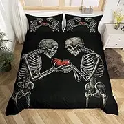 Sugar Skull Duvet Cover Set Queen Size,Skeleton Bone Lover Bedding Set Teens Adult Couple Room Decor,Valentine's Day Comforter Cover 3Pcs,Skull Bone Black Bedspreads Cover,2 Pillowcases(NO Comforter)