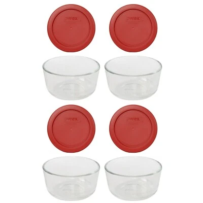 Pyrex 7202 1-Cup Glass Food Storage Bowls with 7202-PC Poppy Red Plastic Lids