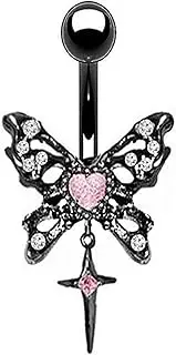 [KUNASSHIR] 14G Black Pink Belly Button Piercings Buttefly Navel Piercings Navel Rings Surgical Steel Belly Piercing Jewellery Dangle Navel Ring Body Jewelry, 10mm, Stainless Steel, Cubic Zirconia