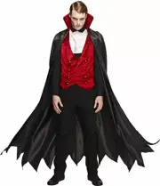 Fever Adult mens Vampire Costume, Waistcoat, Cape and Cravat, Halloween, Size L