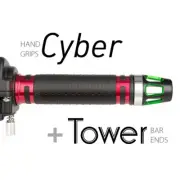 KiWAV Motorcycle Cyber Grips Red with Tower Bar Ends Green/Silver