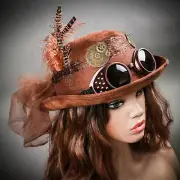 Women Steampunk Retro Bowler Top Hat with Goggles Feather Brown Laces Party Hat