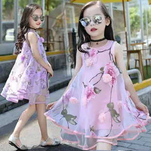 女童夏季新款無袖歐根紗洋裝中大童公主時尚休閒花朵背心裙