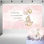 Classic Pooh Bear Baby Shower Backdrop for Girl Golden and Pink Texture Background Glitter Balloon Banner 1st Birthday Party Decorations 5x3 ft 317