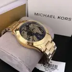 MICHAEL KORS LAYTON 鑲水晶地圖 藍色面錶盤 金色不鏽鋼錶帶 羅馬數字 石英 女士手錶 MK6243