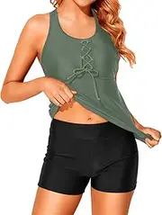 [Holipick] Two Piece Tankini Bathing Suits for Women Swim Tankini Top with Shorts Athletic Tummy Control Swimsuits