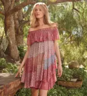 Rebecca Taylor Amanda off shoulder mixed print tier silk chiffon dress NWT 2