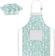 Kids Apron and Chef Hat Set-Adjustable Child Apron for Boys and Girls Aged 6-14,Children's Kitchen Bib Aprons with Large Pocket for Cooking Baking Painting Tableware