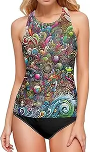 [ODAWA] High Neck Swimsuit Galaxy Clouds Black Quick Dry Tankini Top, Halter Top Swimsuits for Women, Colorful Dragonfly, Large
