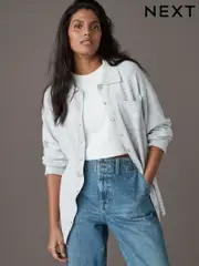 Grey Smart Collar Button Through Longline Knitted Shirt with Wool (E68386) | $52