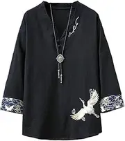 [Aoleaky] Traditional Chinese Style Embroidery Crane Hanfu Blouse Tang Suit Men Kungfu Shirts Tops T-Shirt Japanese Kimono