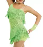New WEISSMAN Chicago Shake 6600 GREEN 1-Shoulder Sequin Fringe Dress SC S CHILD