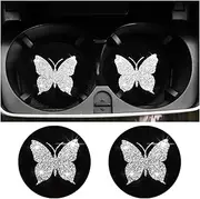 Butterfly Car Coasters, 2 Pack Universal 2.75 Inch Anti Slip Insert Cup Holder Coasters, Bling Diamond Drink Cup Mug Mat Pad for Women, Pretty Decorations Car Interior Accessories (White)