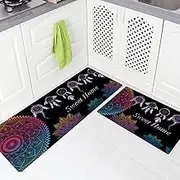 PCSWEET HOME Bohemian Kitchen Rugs and Mats, Kitchen Floor Mat Non-Slip, 2 Piece Kitchen Rugs Set,Kitchen Mats for Floor, Kitchen Runner Rug (Black, 50cm x 80cm + 50cm x 120cm)