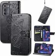 Fashion Butterfly Wallet Phone Cover Compatible with Motorola Edge 2022 Moto Edge 30 Fusion Edge30Fusion Leather case Lanyard Anti Fall Protective Shell (Black,Moto Edge 2022)