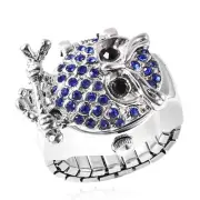 Black & Blue Austrian Crystal Japanese Movement Owl Ring Watch Stainless Steel