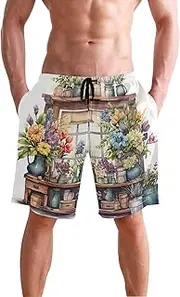 [XYMZR] Men's Swim Trunks Watercolor Floral Window Quick-Dry Bathing Suit Swimming Board Shorts S