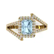 2.10 ct Emerald Cut Halo Blue Promise Bridal Wedding Ring 14k Yellow Solid Gold