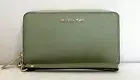 New Michael Kors Jet Set Travel Large Flat Phone Case Leather Wallet Light Sage