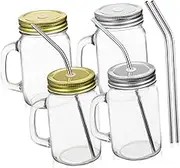 BEBEMOKO 4 Pcs Glass Drinking Mugs with Lids and Straws Shape Caps for Water Juice Milk Hot Cold Beverages