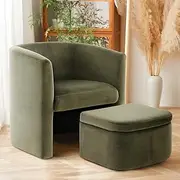 COLAMY Upholstered Velvet Barrel Accent Chair with Storage Ottoman, Morden Living Room Chair with Lounge Seat for Bedroom/Reading Spaces, Green